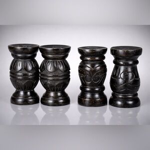 2 sets of Pair Carved Black Wooden Candle Holders